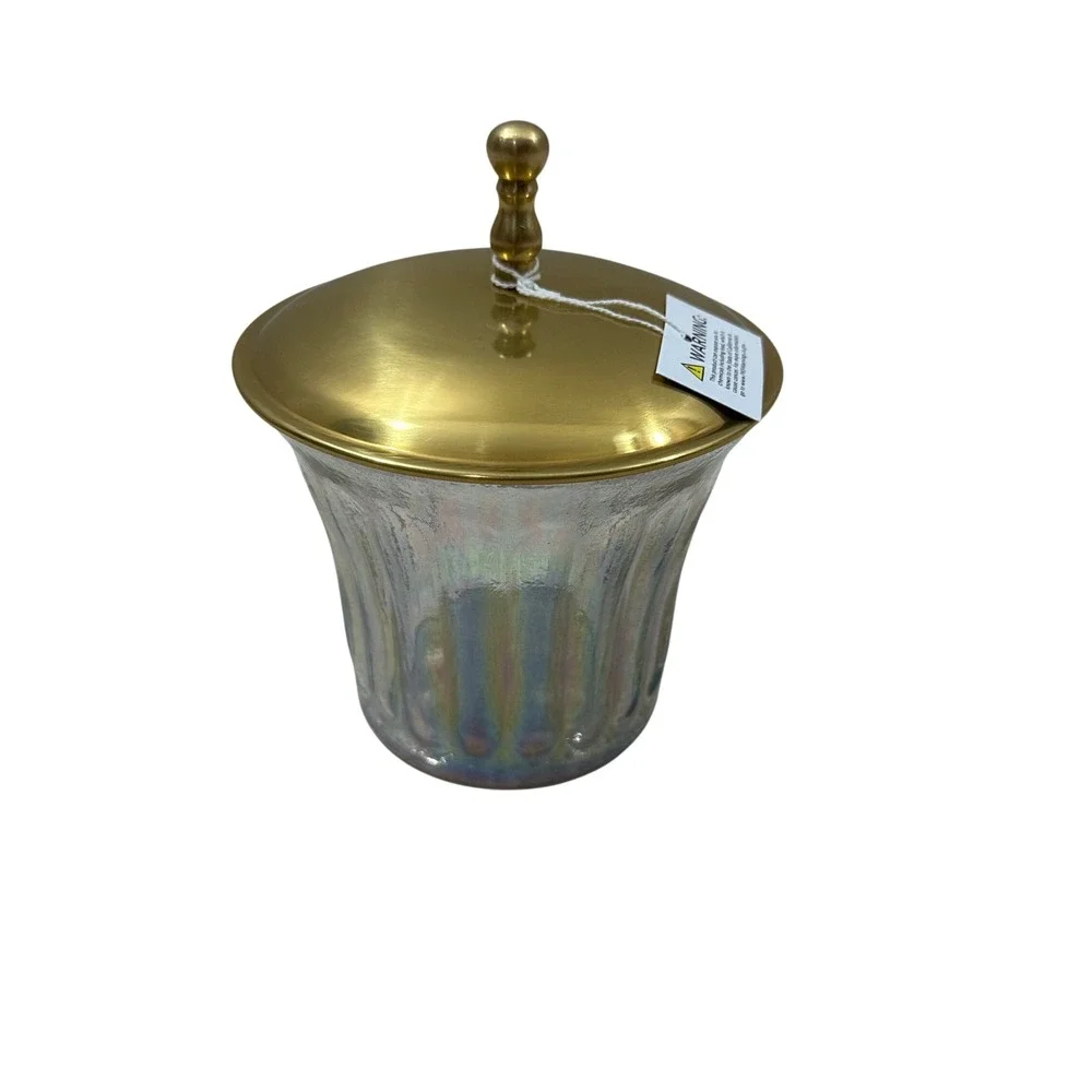 Anthropologie Lustrous Canister Iridescent‎ Fluted Glass Gold Lid 6.5
